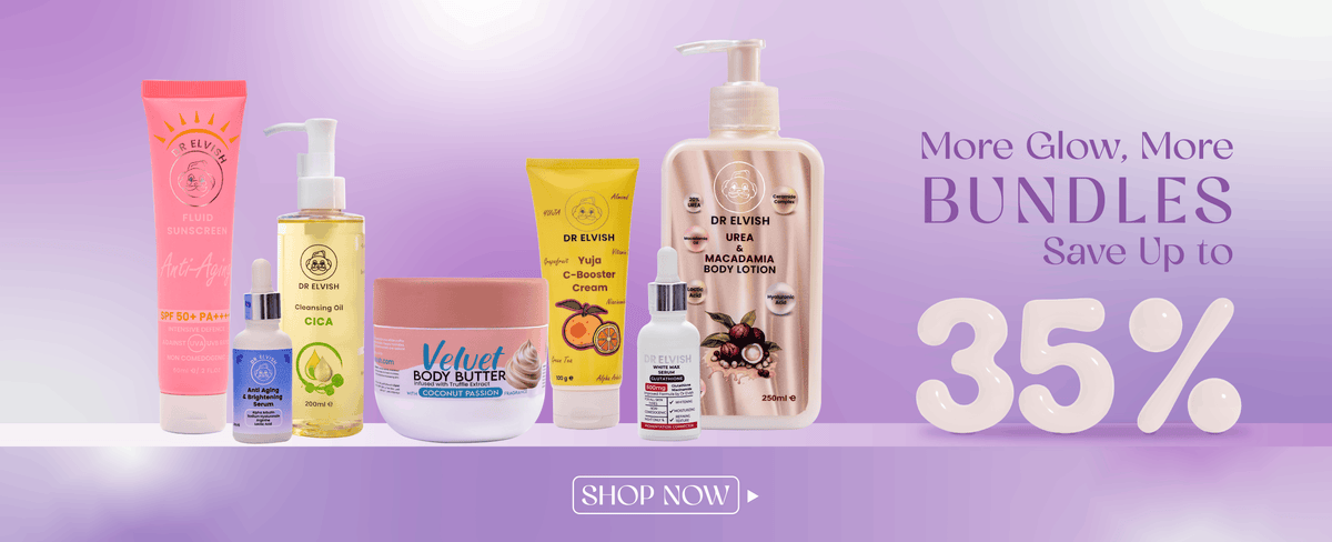 A promotional banner showing a group of skincare and body care products arranged on a lavender-to-purple gradient background, with large text reading 'More Glow, More BUNDLES Save Up to 35%' and a 'SHOP NOW' button.